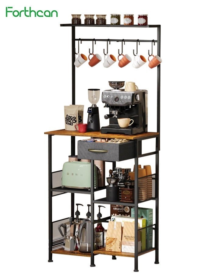 Forthcan 5-Tier Coffee Bar Station, Coffee Maker Stand with Drawer, Hooks & Wire Basket, Rustic Bakers Rack for Kitchen, Living Room or Café - Image 3